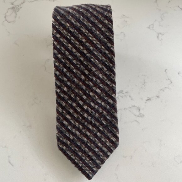 Harry Rosen Woven Textured Striped Wool Silk Blend Tie Tan Burgundy Blue Sz OS - Picture 4 of 7